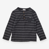 T Shirt Grandad Collar Grey and White Stripes