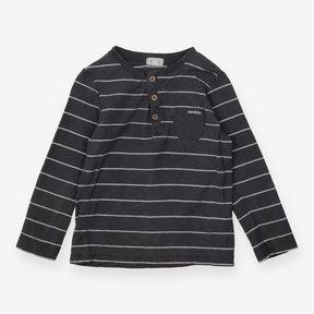 T Shirt Grandad Collar Grey and White Stripes