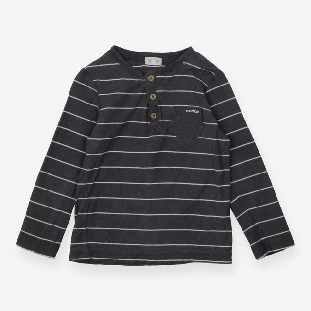 T Shirt Grandad Collar Grey and White Stripes