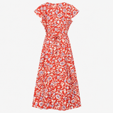 Red Floral Short Sleeve wrap Midi Dress