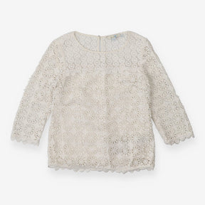 Cream High Neck Lace Top – Long Sleeve with Scallo