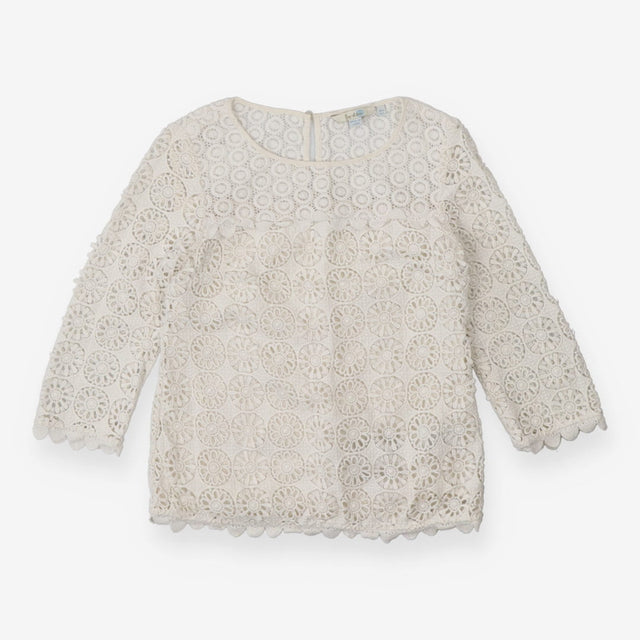 Cream High Neck Lace Top – Long Sleeve with Scallo