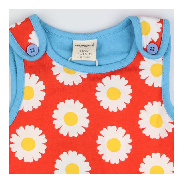 Red daisy short romper with blue seams