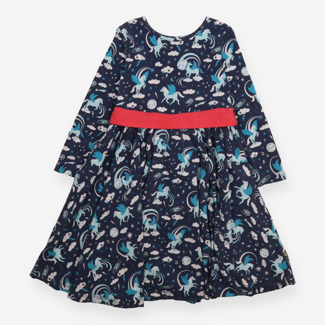 Skater Dress Navy with Unicorns and Detachable Bow