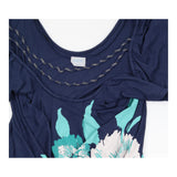 Top Navy Blue Floral Print Cap Sleeve Scoop Neck