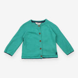 Green knit cardigan 'hooray' on back