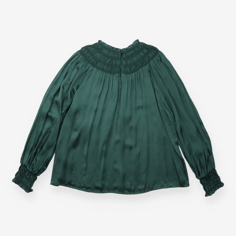 Green Smocked High Neck Long Sleeve Blouse