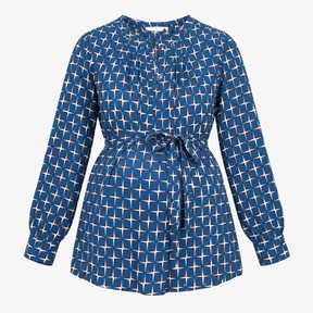 Maternity Tunic Blouse Blue Geometric Print Tie Wa