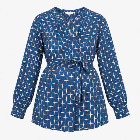 Maternity Tunic Blouse Blue Geometric Print Tie Wa