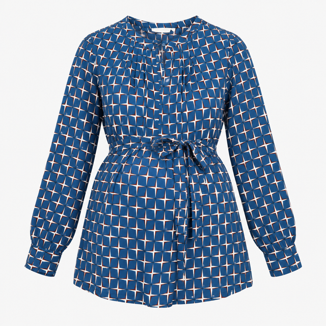 Maternity Tunic Blouse Blue Geometric Print Tie Wa