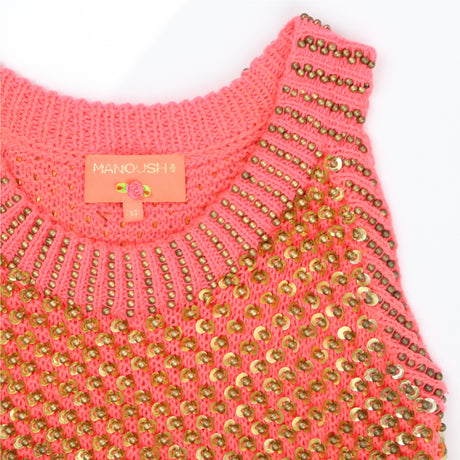 Pink Sleeveless Studded Metallic Knit Top Designer