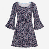 Dress Navy Blue Star Bird Print Long Sleeve Scoop 