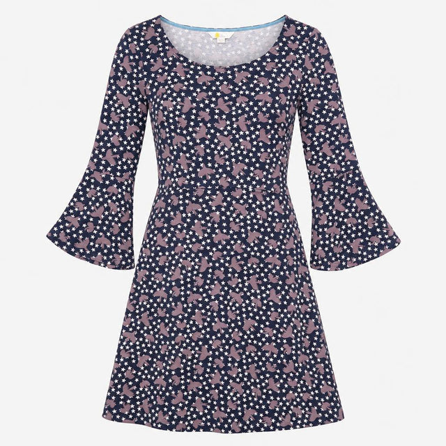 Dress Navy Blue Star Bird Print Long Sleeve Scoop 