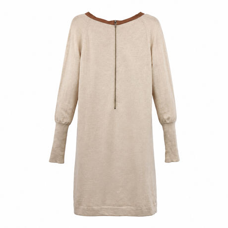 Midi Sweater Dress Cream & Brown Merino Wool, Silk