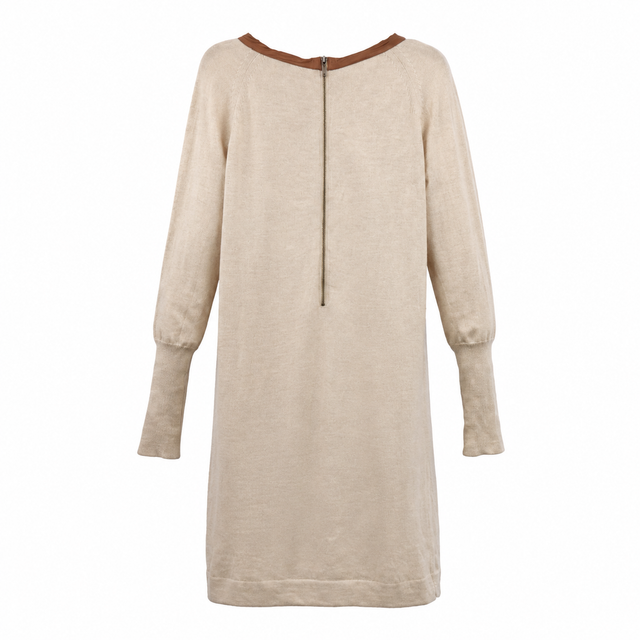 Midi Sweater Dress Cream & Brown Merino Wool, Silk
