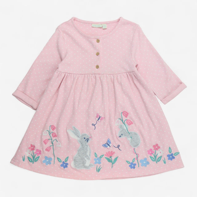 Dress Pink with White Spots and Applique Rabbit an