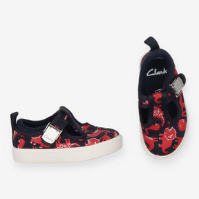 Canvas Shoe T-Bar Black with Red Dinosaurs