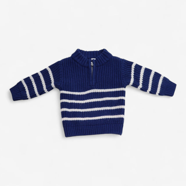 Sweater Blue knit with white stripes & half zip