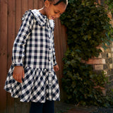 Navy Gingham Ruffle Hem Dress