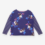 Top Navy Floral Stripe Oversized Batwing Sleeve
