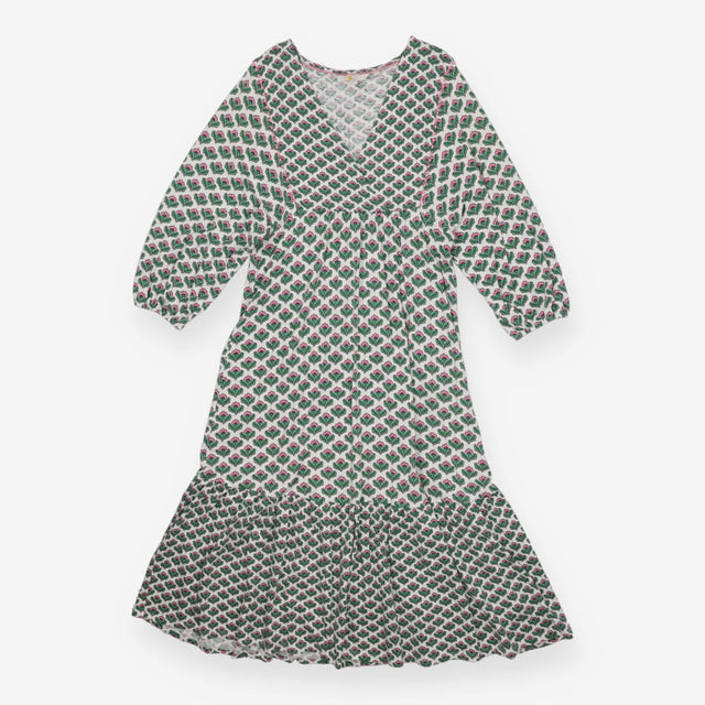 Midi Dress Green Floral print - Vneck wrap style
