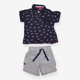 Outfit Tee collar navy monkeys stripe shorts