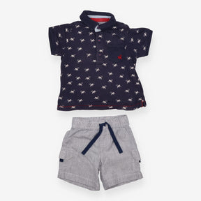 Outfit Tee collar navy monkeys stripe shorts