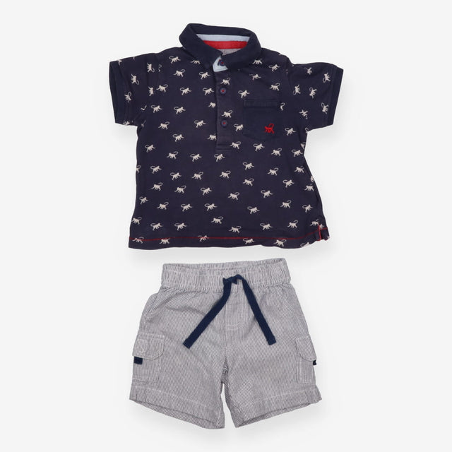 Outfit Tee collar navy monkeys stripe shorts