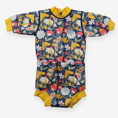 Wetsuit navy floral butterflies yellow cuffs