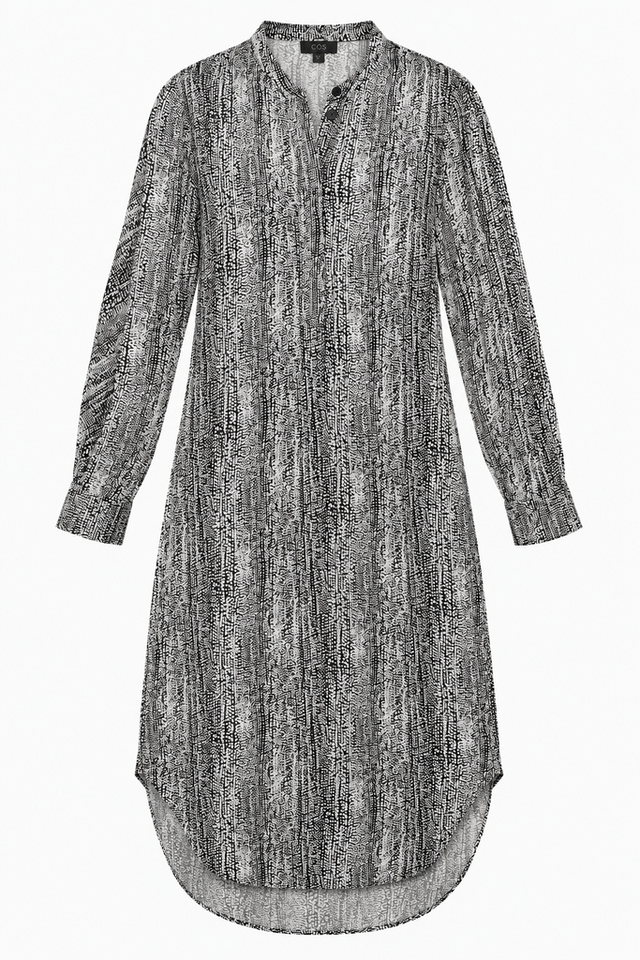 Dress Black White Printed Viscose Wool Midi Shirt 