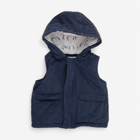 Gilet with hood navy grey giraffe interior