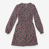 Midi Dress Navy Pink Floral Print Long Sleeve Gath