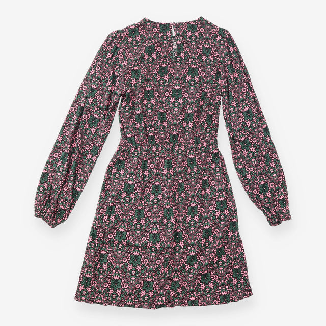 Midi Dress Navy Pink Floral Print Long Sleeve Gath