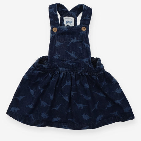 Denim pinafore dress with dinosaurs