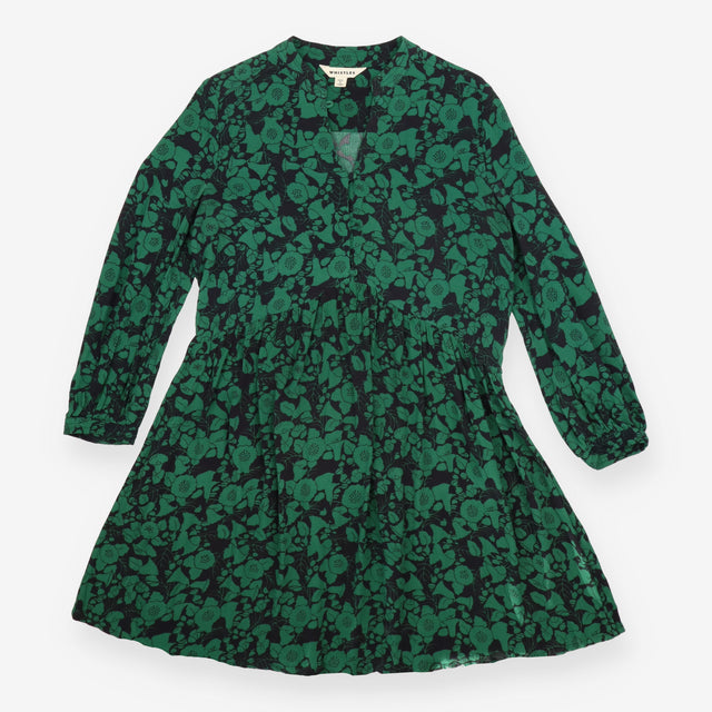 Floral Smock Dress Green Black Long Sleeve