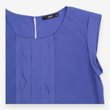 Top Blue Sleeveless Pleated Scallop Front Round Ne
