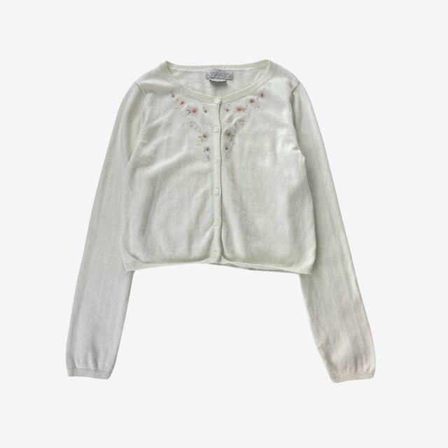 White & Pink Embroided Flower Cardigan