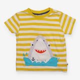 T-Shirt Yellow Stripe Happy Shark Applique
