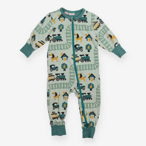 Sleepsuit zip green trains and dogs