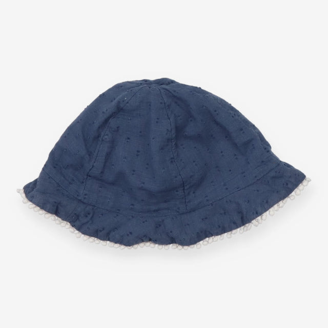 Sun Hat Blue Textured With White Pom Poms 
