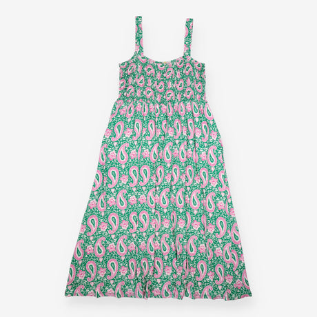 Maxi Dress Smocked Jersey Paisley Green Pink