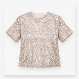 Sequin Top in Champagne Silver with Short Sleeves