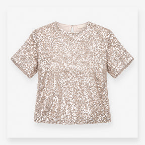 Sequin Top in Champagne Silver with Short Sleeves