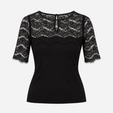 Top Black Lace Panel Short Sleeve Round Neck