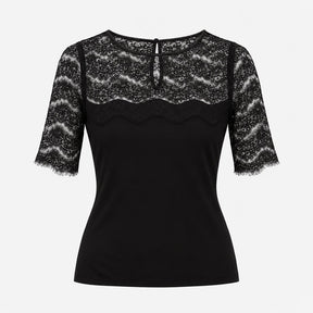 Top Black Lace Panel Short Sleeve Round Neck
