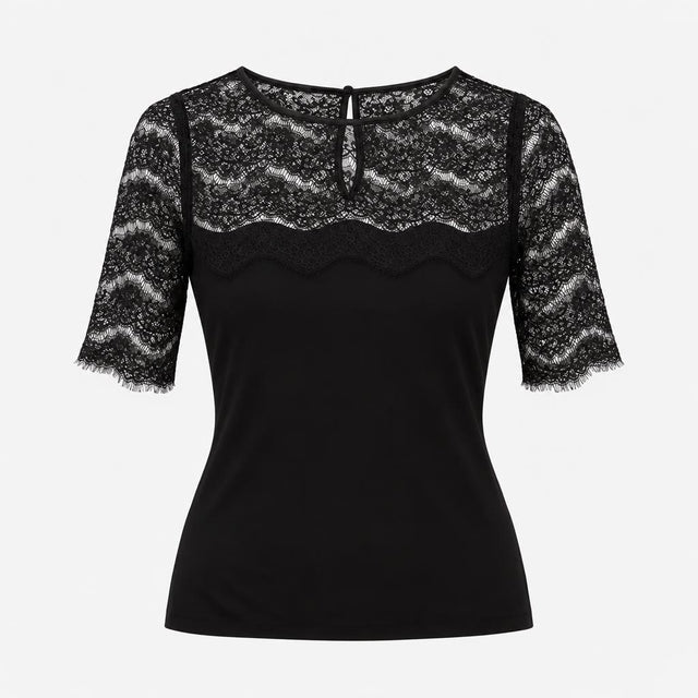 Top Black Lace Panel Short Sleeve Round Neck