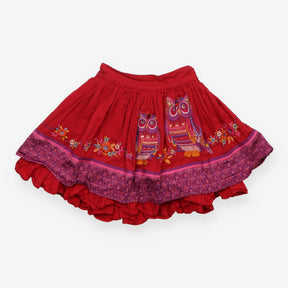 Skirt Woven Red Sequin Owls and Flowers Appliques