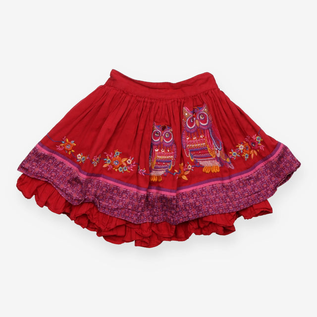 Skirt Woven Red Sequin Owls and Flowers Appliques