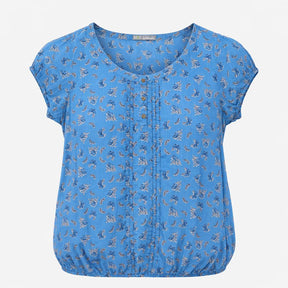 Blouse Blue Floral Pintuck Bubble