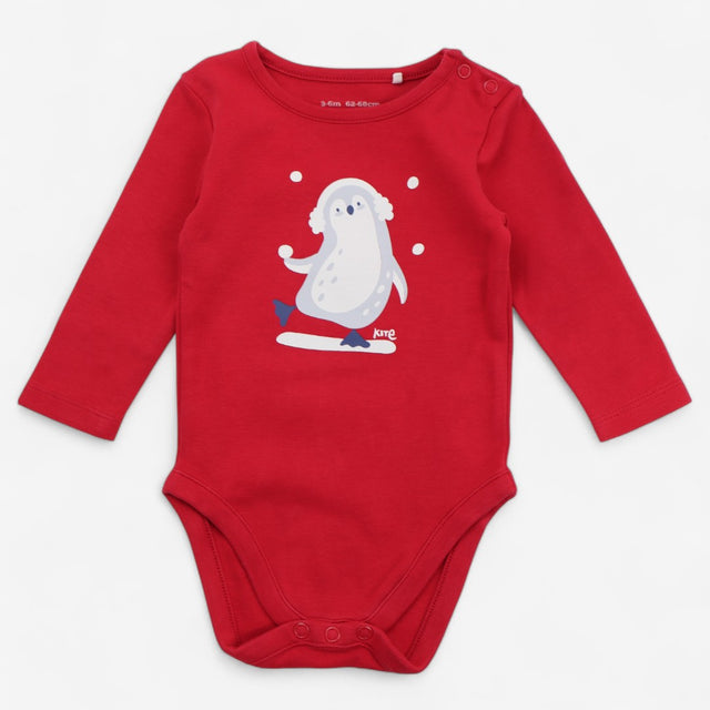 Bodysuit LS red penguin ear muffs